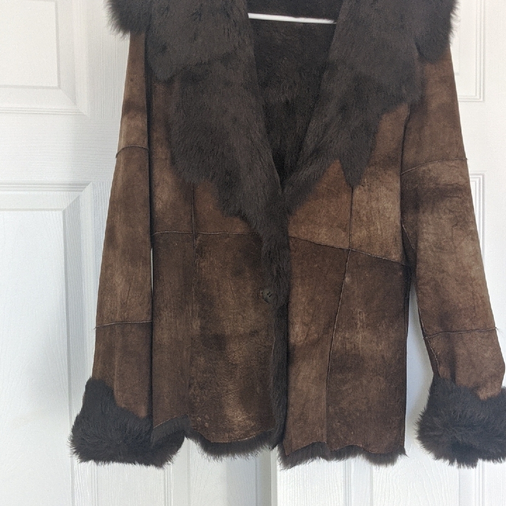 Chic Brown Suede Look Teddy Jacket with Fur Look Trim